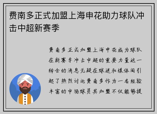 费南多正式加盟上海申花助力球队冲击中超新赛季